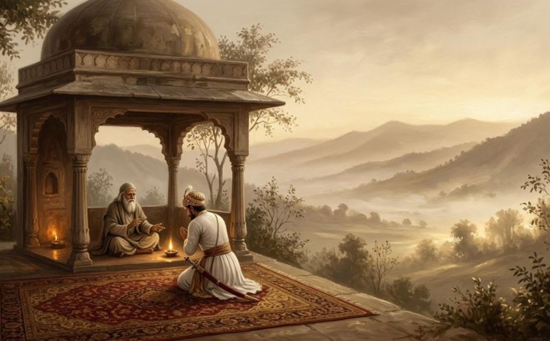 Imagined scene of a sixteenth-century Rajput raja taking the pledge of discipleship from a Sufi saint