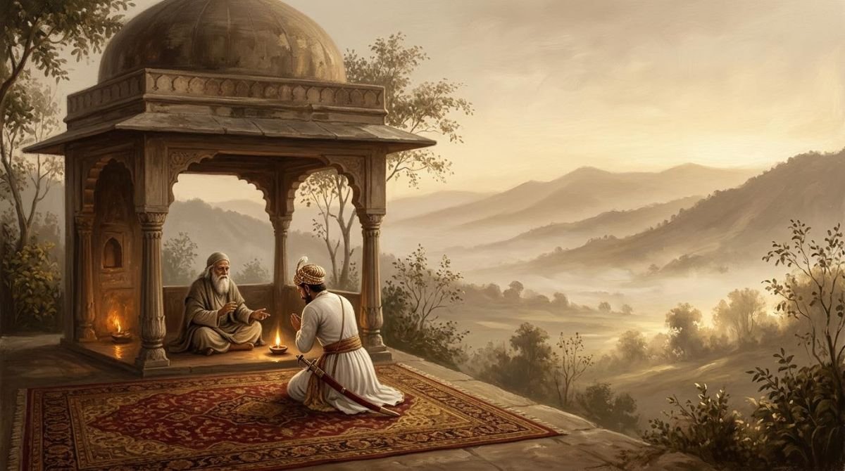 Imagined scene of a sixteenth-century Rajput raja taking the pledge of discipleship from a Sufi saint