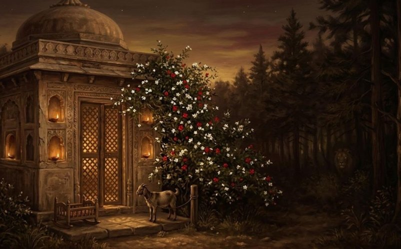 Illustration of a two-coloured jasmine, oil lamps and offerings at the door of Baba Shadi Shaheed's shrine at dusk