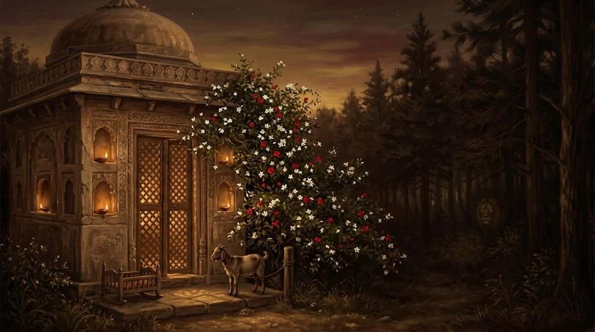 Illustration of a two-coloured jasmine, oil lamps and offerings at the door of Baba Shadi Shaheed's shrine at dusk