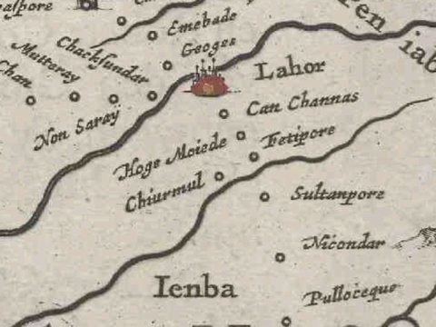 Detail of an old European map naming Bhimbar