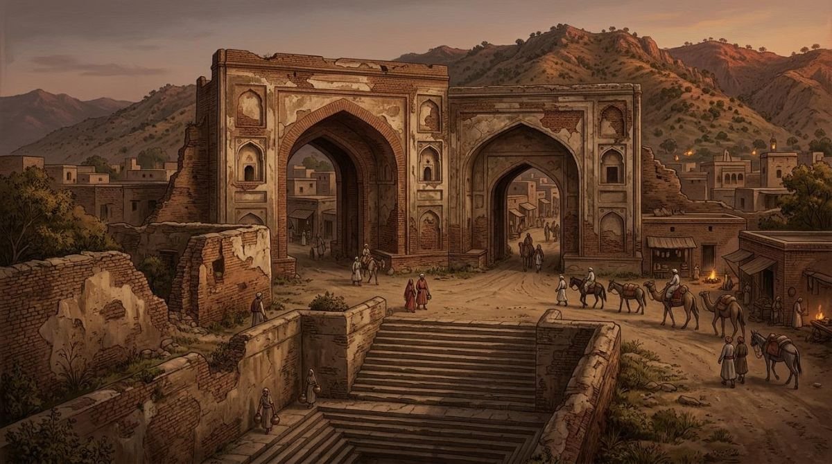 Illustration of the Mughal sarai gateway and step-well at Bhimber with the Pir Panjal foothills behind