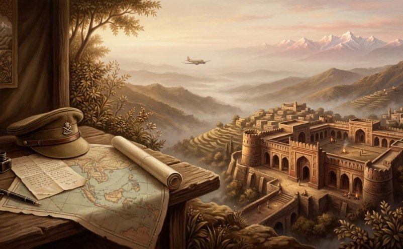 Symbolic painting of an officer's cap and letter on a wartime map, a distant 1940s aircraft and the hill town of Bhimber