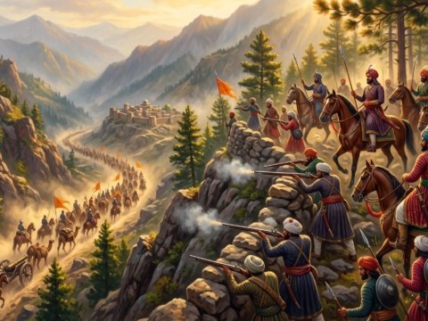 Chib horsemen and matchlock men holding a wooded ridge above Bhimber as an invading army climbs the valley below