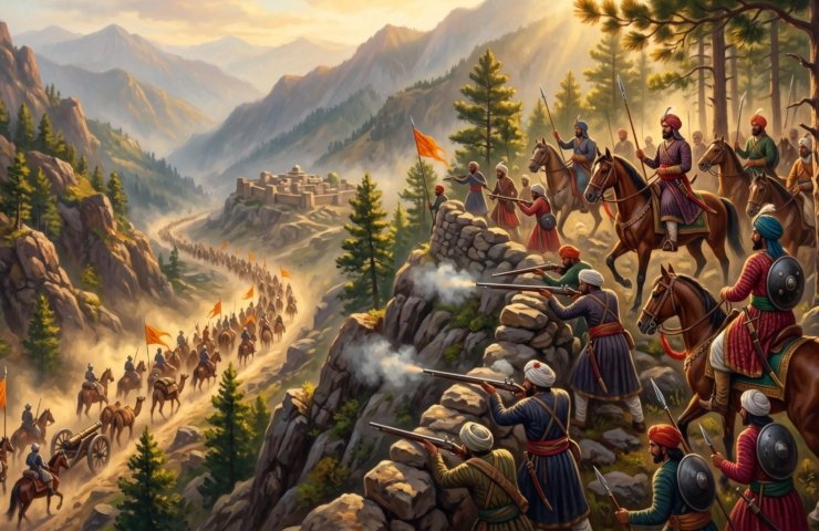 Chib horsemen and matchlock men holding a wooded ridge above Bhimber as an invading army climbs the valley below