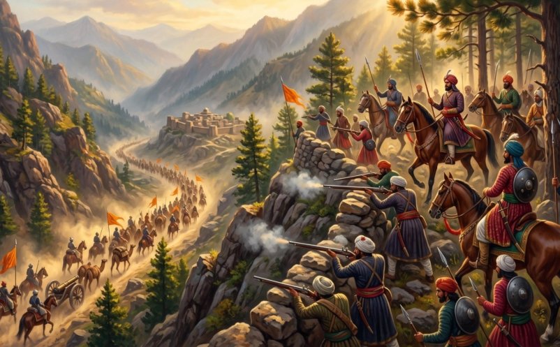 Chib horsemen and matchlock men holding a wooded ridge above Bhimber as an invading army climbs the valley below