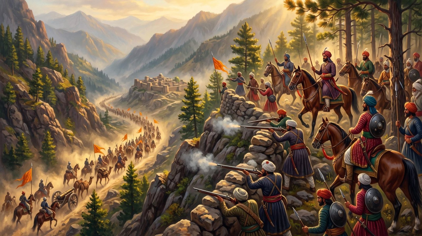 Chib horsemen and matchlock men holding a wooded ridge above Bhimber as an invading army climbs the valley below