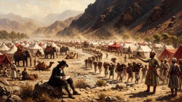 A European traveller in a wide-brimmed hat writes in a notebook beside a vast Mughal camp of tents, elephants and porters in a dry riverbed below a dark, sun-scorched mountain