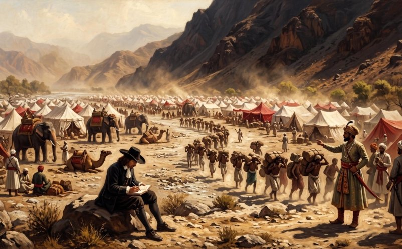 A European traveller in a wide-brimmed hat writes in a notebook beside a vast Mughal camp of tents, elephants and porters in a dry riverbed below a dark, sun-scorched mountain