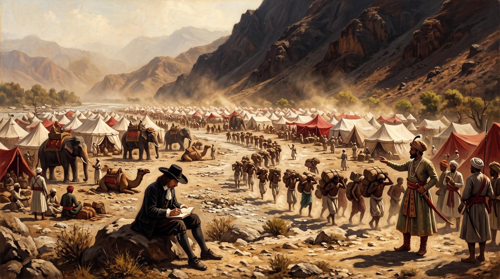 A European traveller in a wide-brimmed hat writes in a notebook beside a vast Mughal camp of tents, elephants and porters in a dry riverbed below a dark, sun-scorched mountain