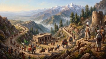 A hill raja and his retainers watch from a rocky ridge as a royal caravan of horsemen, elephants and porters climbs a mountain road from the plains towards the Pir Panjal