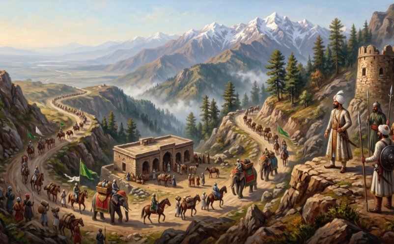 A hill raja and his retainers watch from a rocky ridge as a royal caravan of horsemen, elephants and porters climbs a mountain road from the plains towards the Pir Panjal