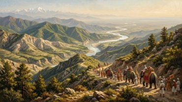 Envoys lead decorated war elephants down a mountain track through layered green hills and sandstone ridges between the Jhelum and Chenab rivers