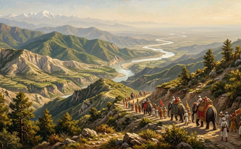 Envoys lead decorated war elephants down a mountain track through layered green hills and sandstone ridges between the Jhelum and Chenab rivers