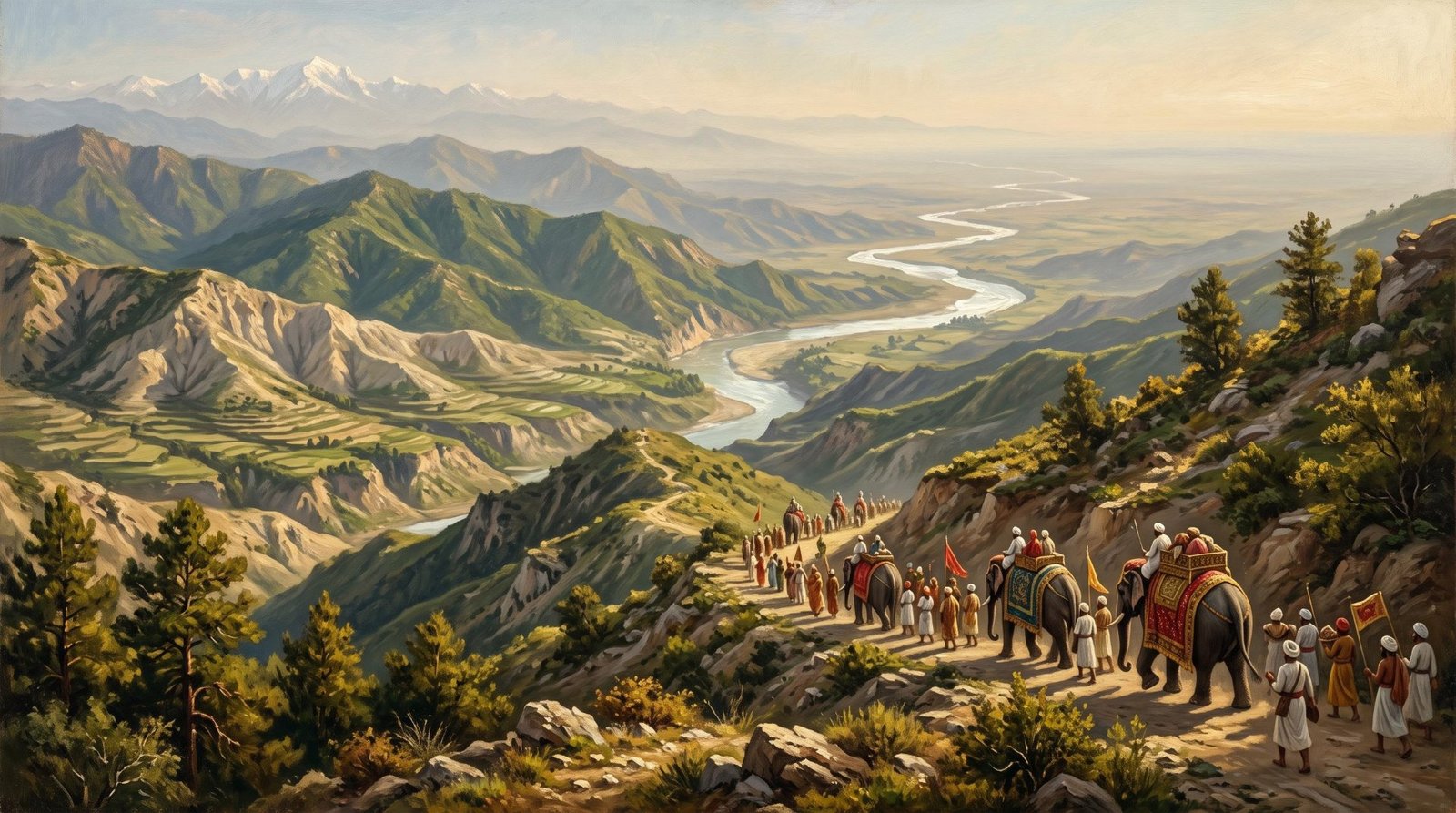 Envoys lead decorated war elephants down a mountain track through layered green hills and sandstone ridges between the Jhelum and Chenab rivers