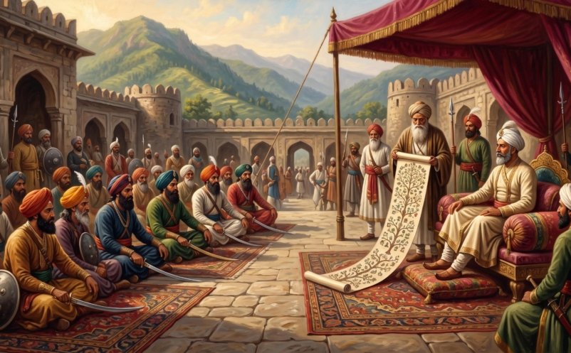 A Muslim Rajput raja in a white turban sits beneath a canopy in a hill-fort courtyard, surrounded by turbaned kinsmen with swords while an elder reads from a genealogy scroll