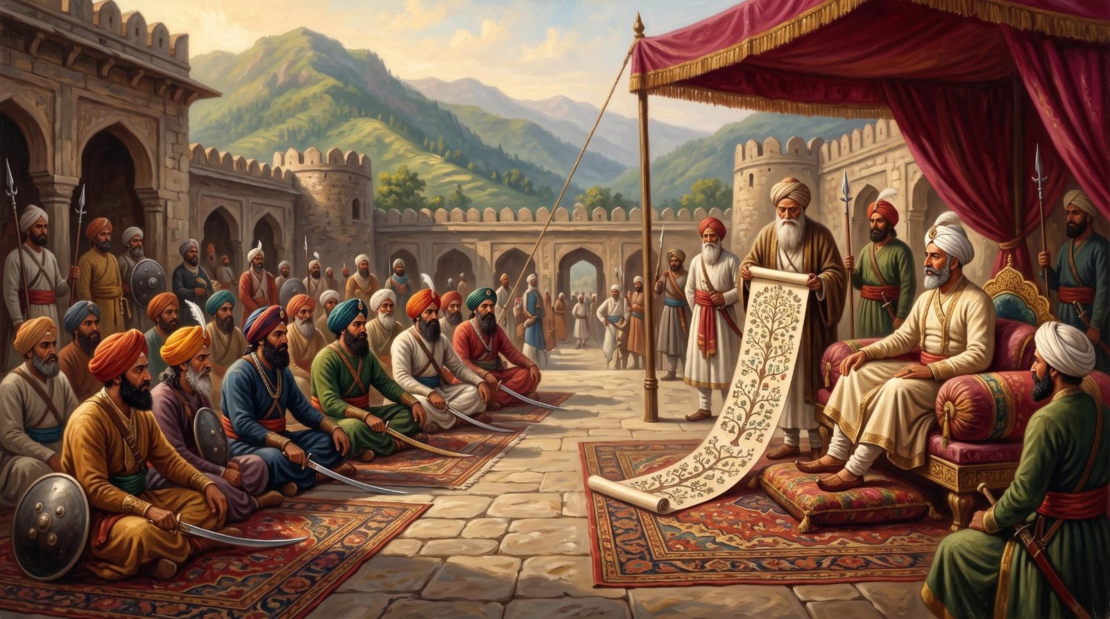 A Muslim Rajput raja in a white turban sits beneath a canopy in a hill-fort courtyard, surrounded by turbaned kinsmen with swords while an elder reads from a genealogy scroll
