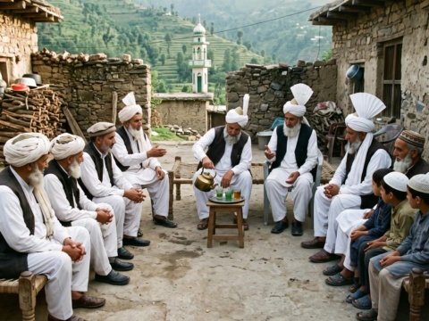 Muslim Rajput elders in white turbans and shalwar kameez seated on charpais in a village courtyard in Azad Kashmir