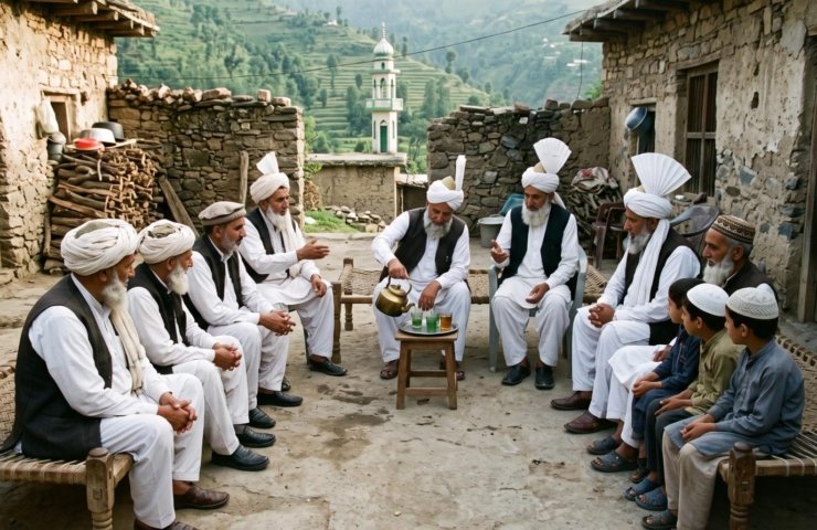 Muslim Rajput elders in white turbans and shalwar kameez seated on charpais in a village courtyard in Azad Kashmir