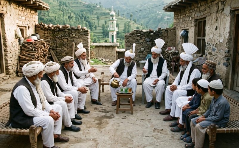 Muslim Rajput elders in white turbans and shalwar kameez seated on charpais in a village courtyard in Azad Kashmir