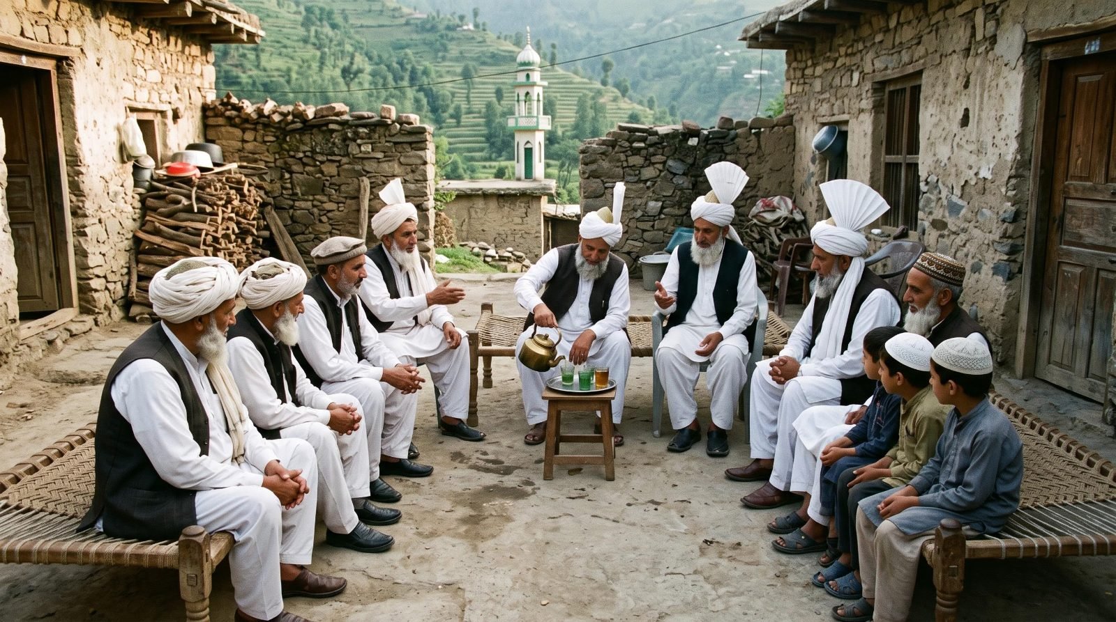 Muslim Rajput elders in white turbans and shalwar kameez seated on charpais in a village courtyard in Azad Kashmir