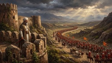 Under a stormy sky an army with banners, cavalry and bullock-drawn cannon advances along a valley road towards an old hill fort, watched by a lone chieftain on the rampart
