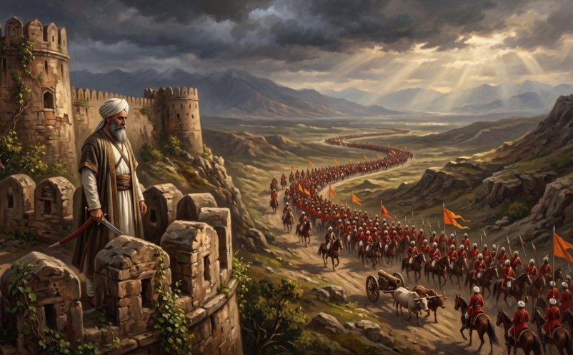 Under a stormy sky an army with banners, cavalry and bullock-drawn cannon advances along a valley road towards an old hill fort, watched by a lone chieftain on the rampart