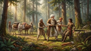 A travelling merchant and his servants pull an exhausted young Rajput prince out of an old stone well in a pine forest in the Himalayan foothills