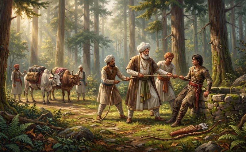A travelling merchant and his servants pull an exhausted young Rajput prince out of an old stone well in a pine forest in the Himalayan foothills
