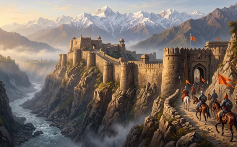 The long stone ramparts of Kangra Fort on a narrow ridge above a river gorge, with the snowy Dhauladhar range behind and Rajput horsemen approaching the gate