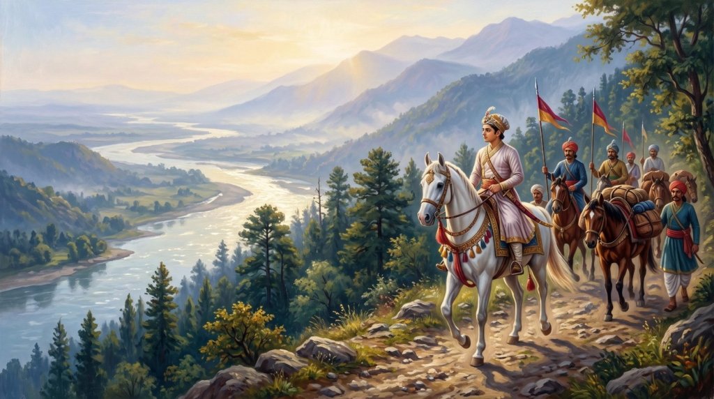 A Rajput prince on a white horse leads his followers down from the Himalayan foothills toward the plains of Bhimber