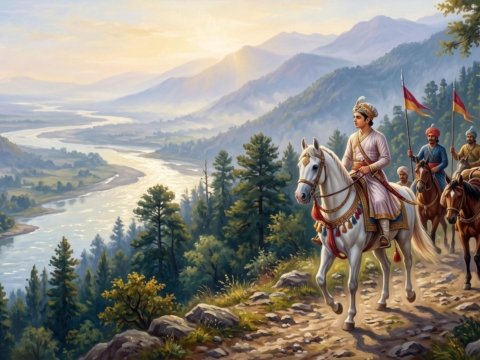 A Rajput prince on a white horse leads his followers down from the Himalayan foothills toward the plains of Bhimber