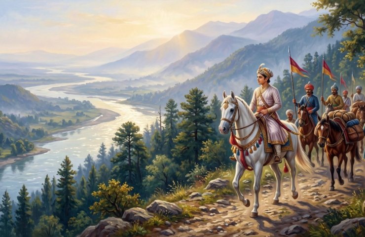 A Rajput prince on a white horse leads his followers down from the Himalayan foothills toward the plains of Bhimber