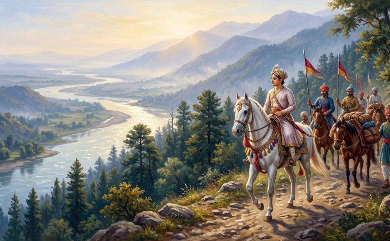 A Rajput prince on a white horse leads his followers down from the Himalayan foothills toward the plains of Bhimber