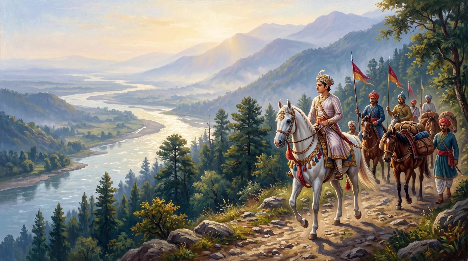 A Rajput prince on a white horse leads his followers down from the Himalayan foothills toward the plains of Bhimber