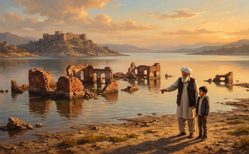 An elderly man in a white turban and his grandson look out at the ruins of old Mirpur rising from the low waters of Mangla Lake at golden hour, with Mangla Fort on a far hill