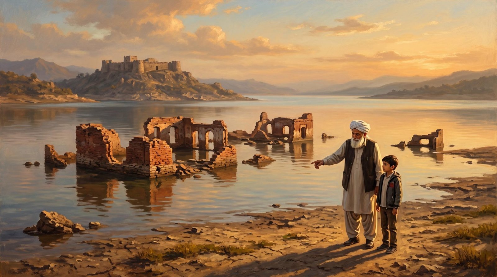 An elderly man in a white turban and his grandson look out at the ruins of old Mirpur rising from the low waters of Mangla Lake at golden hour, with Mangla Fort on a far hill