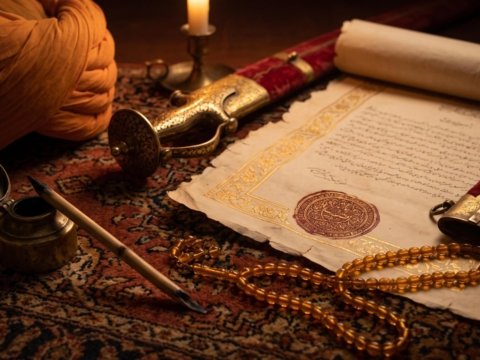 An early Mughal-era royal decree with a gold border and seal beside a sheathed talwar, prayer beads and a Rajput turban
