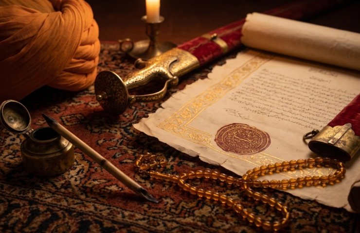 An early Mughal-era royal decree with a gold border and seal beside a sheathed talwar, prayer beads and a Rajput turban