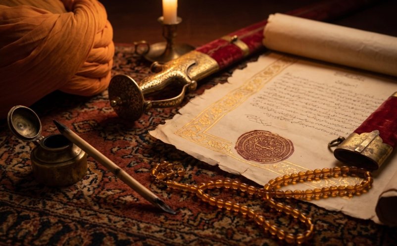 An early Mughal-era royal decree with a gold border and seal beside a sheathed talwar, prayer beads and a Rajput turban
