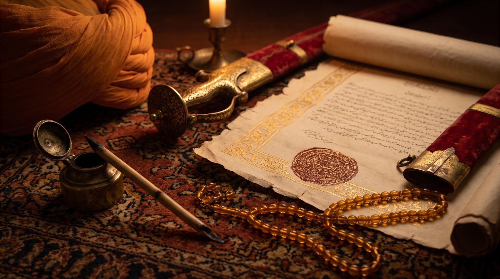 An early Mughal-era royal decree with a gold border and seal beside a sheathed talwar, prayer beads and a Rajput turban