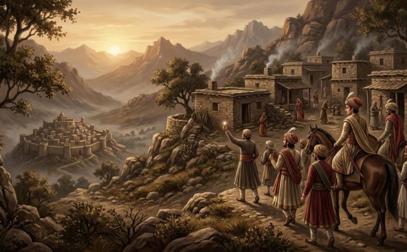 Illustration of a young Rajput prince and his companions arriving at a hill village near Bhimber, with a servant holding up a jewel