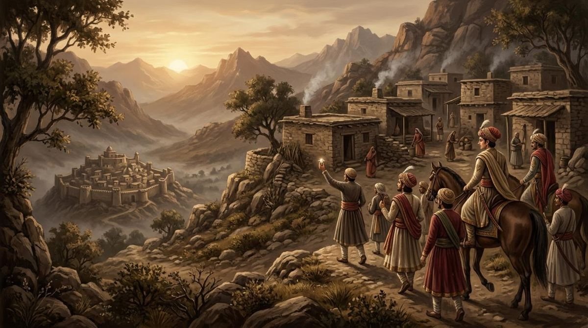Illustration of a young Rajput prince and his companions arriving at a hill village near Bhimber, with a servant holding up a jewel