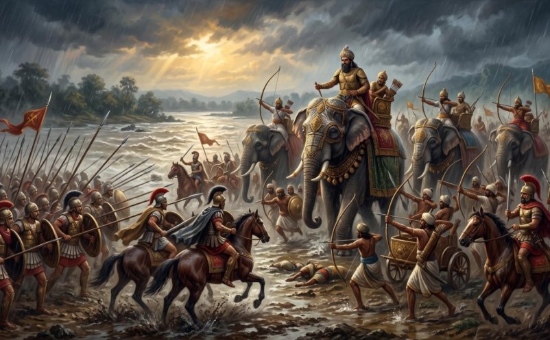 King Porus on an armoured war elephant leads Indian archers against Macedonian cavalry and spearmen on the rain-soaked bank of the Jhelum