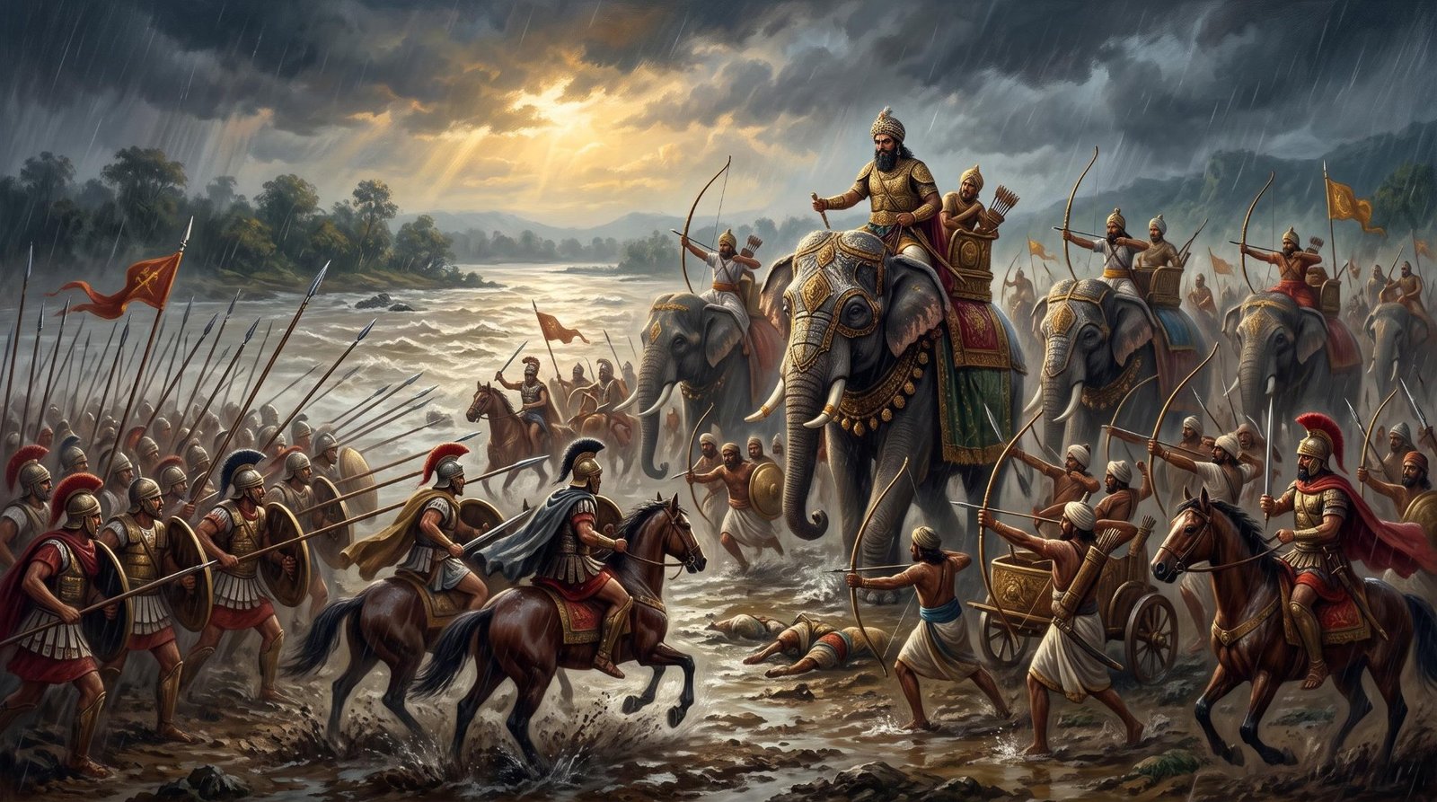 King Porus on an armoured war elephant leads Indian archers against Macedonian cavalry and spearmen on the rain-soaked bank of the Jhelum