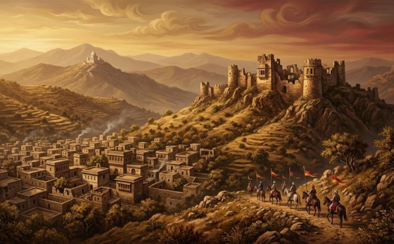 Illustration of Rajput horsemen riding through the Chibhal hills towards Bhimber, with a hilltop shrine in the distance