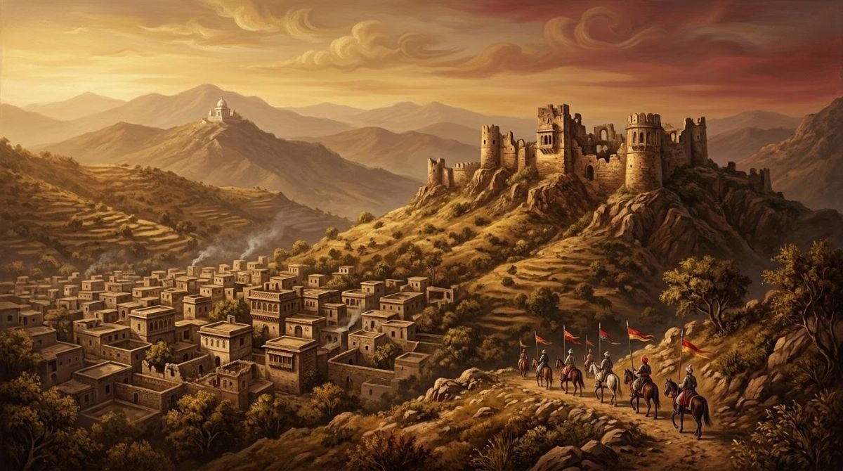 Illustration of Rajput horsemen riding through the Chibhal hills towards Bhimber, with a hilltop shrine in the distance