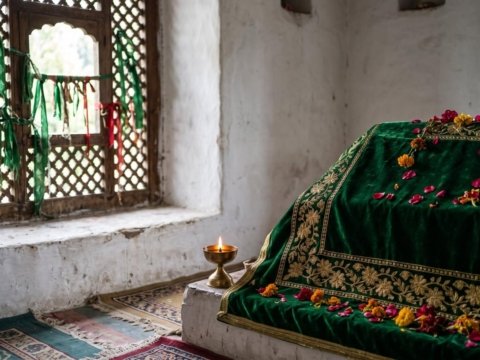 A tomb covered with a green embroidered chadar, rose petals and an oil lamp inside a whitewashed Sufi shrine