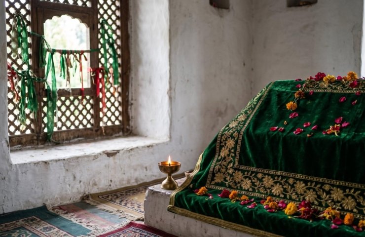 A tomb covered with a green embroidered chadar, rose petals and an oil lamp inside a whitewashed Sufi shrine