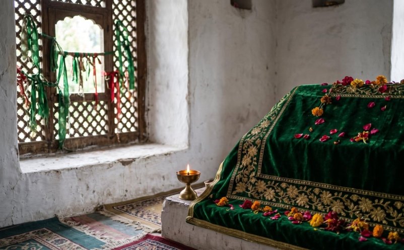 A tomb covered with a green embroidered chadar, rose petals and an oil lamp inside a whitewashed Sufi shrine